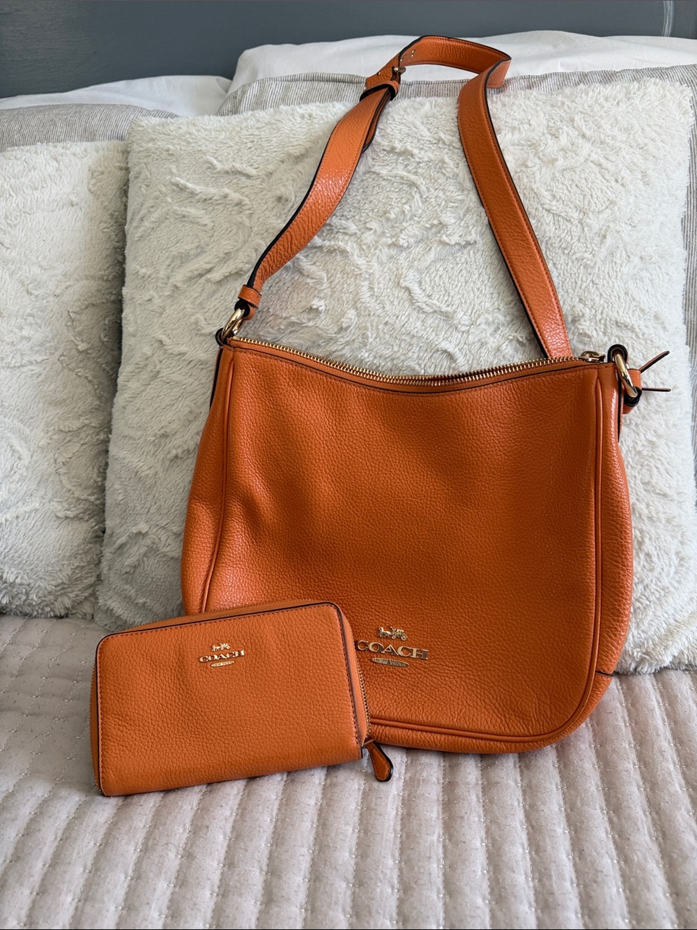 Coach Orange Pebbled Leather Shoulder Bag with Matching Wallet